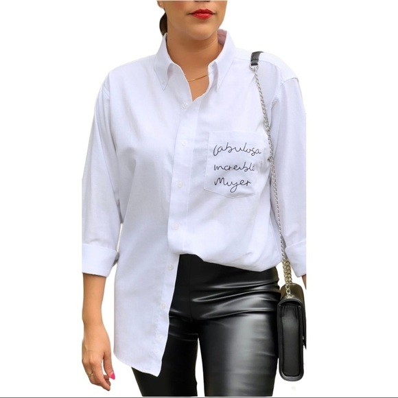 Button Down Shirt White Long Sleeve Chingona Mujer Mexicana Hand Painted Small - Picture 4 of 13